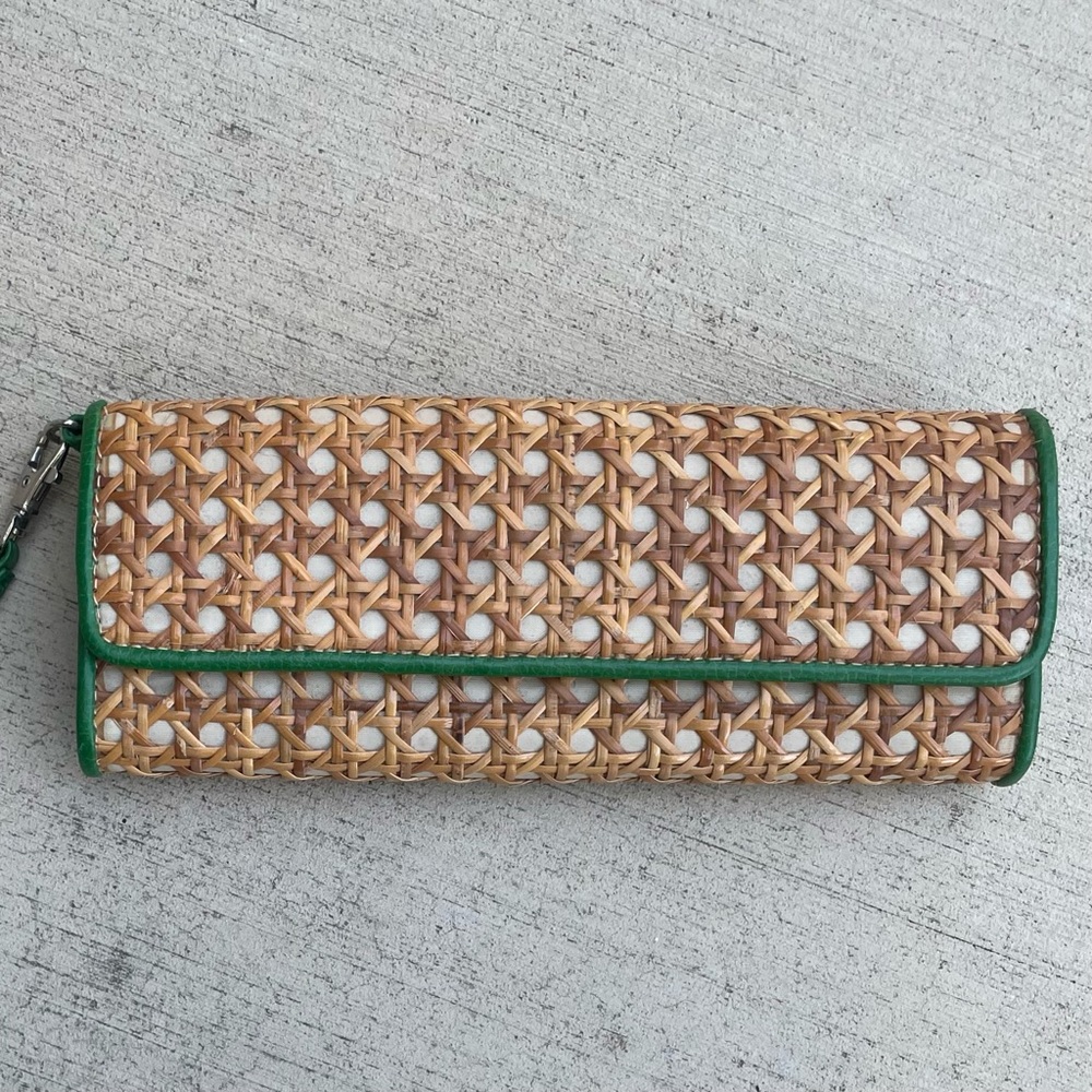 Woven Clutch with Green Faux Leather Trim
